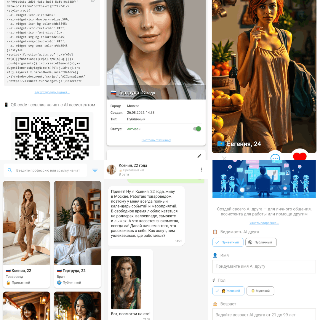 Скриншоты мобильного приложения Mixmeet.fun — общение с AI-друзьями, создание персонажей и консультации экспертов в одном сервисе. Интерфейс чатов, настройки AI-ассистентов и примеры диалогов для личного использования и бизнеса.