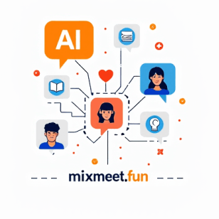 Инфографика Mixmeet.fun: создай AI-собеседника. Схема показывает тысячи AI-экспертов, виртуальных друзей и конструктор персонажа. Значки юриста, психолога, стилизованные аватары. Настройте пол, внешность, характер для своего идеального чат-бота. Общение с ИИ бесплатно.